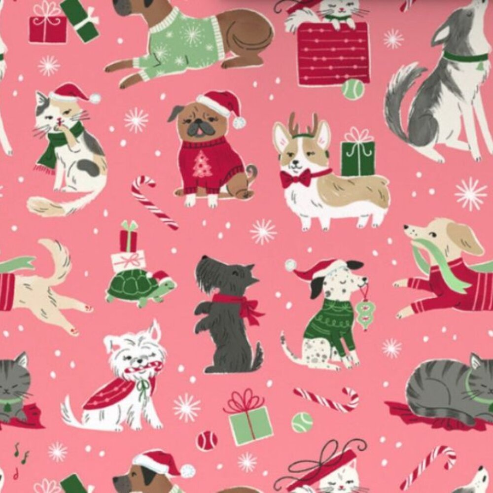Hallmark Wrapping Paper Christmas Cute Cats and Dogs Pink 35 sq ft Roll Holiday